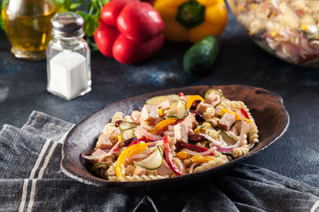 Fusilli pasta salad with smoked turkey