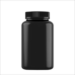 Realistic mock up black bottles for drugs, tablets. 3d Plastic blank medical containers isolated on white background. Vector illustration