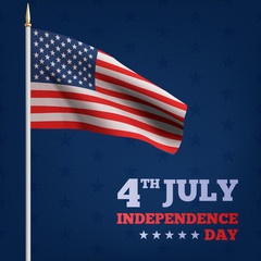 Happy 4th of July USA Independence Day. Waving flag of the america. 3D advertising textile vector flags. Fourth of July background. Vector illustration