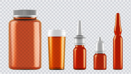 Realistic mock up glass bottles for drugs, tablets, drops and spray etc. 3d Plastic blank medical containers isolated on transparent background. Vector illustration
