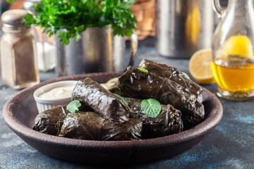 Dolma - stuffed grape leaves with rice and meat