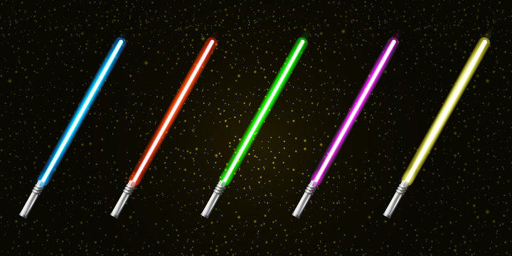 Blue, red, green, pink and yellow laser sword lightsaber set isolated on starry black galaxy background. May the 4th be with vector illustration with neon glowing lighting sword. Star wars day poster