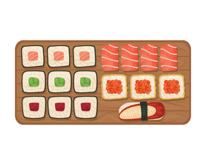 Set of sushi and rolls on a wooden Board. Japanese food. Flat lay illustration.