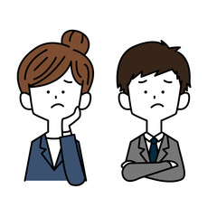 困って悩むスーツを着た男女