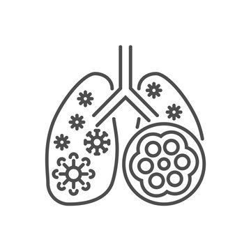 Pneumonia related vector thin line icon. Lungs with alveoli and coronavirus. Isolated on white background. Editable stroke. Vector illustration.