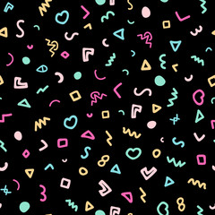 Colorful doodle memphis seamless pattern on black background