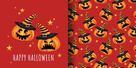 Happy Halloween seamless pattern of cute Halloween pumpkin with witches hat and star on red background. Vector illustration