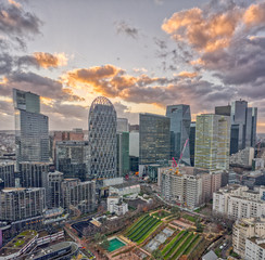 Aerial view of la defense skyscrapers complex in financial CBD area in Paris during sunset hour