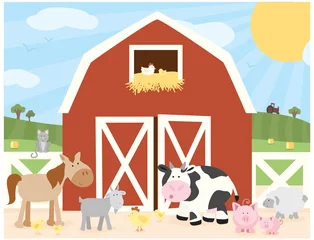 Fotobehang Boerderij A vector illustration of a cute farm scene of animals in front of a barn in a sunny field  © Flying Giraffe