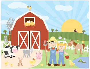 A vector illustration of a complete scene of cute farm animals, farmers and a barn on a farm in the country with a rising sun in a field with a tractor