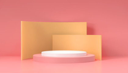 3D abstract minimal concept, pink and yellow background with cylinder podium, Geometric shape in pastel color. illustration premium mock up background, product presentation. 