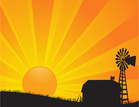 A vector illustration of a barn and windmill of a farm in silhouette against a rising or setting bright orange sun