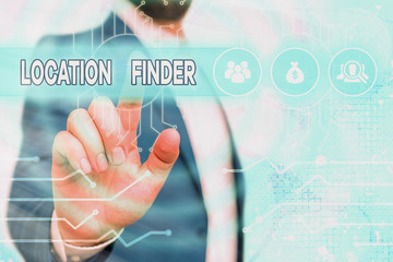 Text sign showing Location Finder. Business photo showcasing A service featured to find the address of a selected place