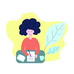 Woman write the letter at the table with cup and leaves. Flat vector illustration.