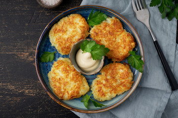 Hashbrown, hash brown potatoes fried pancakes, traditional american cuisine.