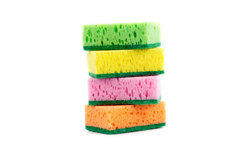 Multi-colored sponges for dishes Isolated on a white background. Copy space