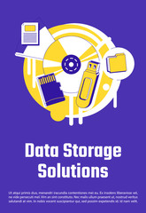 Data storage solutions poster flat silhouette vector template. Information storing technology brochure, booklet one page concept design with cartoon objects. Hardware flyer, leaflet with text space