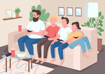 Family bonding flat color vector illustration. Children sit on couch with parents. Kids play videogames. Mom and dad with gamepads. Relatives 2D cartoon characters with interior on background