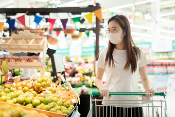 COVID-19 Pandemic Coronavirus Asian Women with cart shopping in the supermarket. wearing mask Protects against the coronavirus or Covid-19 quarantine.