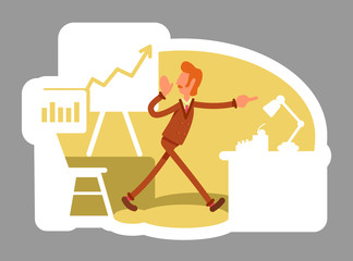 Top manager 2D vector web banner, poster. Marketing company employee. Finance analytic flat character on cartoon background. Business advisor printable patches, colorful web elements
