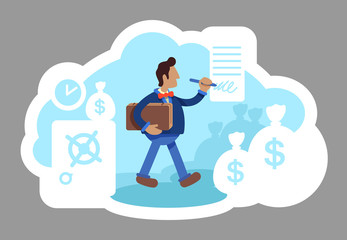 Businessman 2D vector web banner, poster. Finance and capital growth. Business corporation. Banker flat character on cartoon background. Commercial deal printable patches, colorful web elements