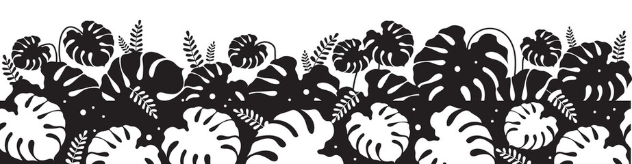 Monstera leaves black silhouette seamless border. Jungle vegetation monochrome vector illustration. Palm tree frondage decorative ornament design. Tropical plants, botanical repeating pattern