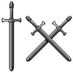 Illustration of crossed knight swords in engraving style. Design element for logo, label, emblem, sign. Vector illustration