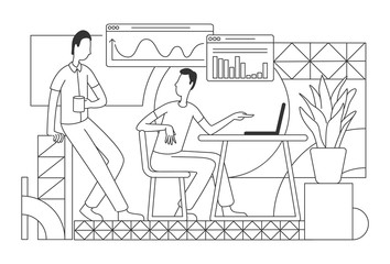 Company sales analysis thin line vector illustration. Office workers analyzing charts and graphs outline characters on white background. Business analysts coworking simple style drawing