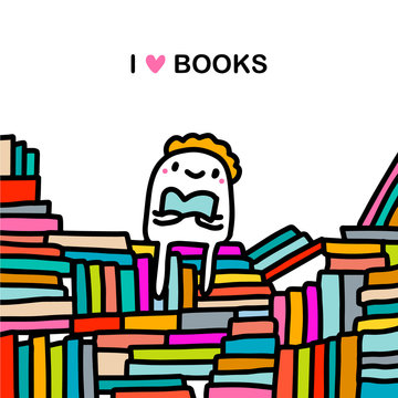 I love books hand drawn vector illustration in cartoon comic style man sitting on library
