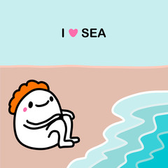 I love sea hand drawn vector illustration in cartoon comic style man sitting shore