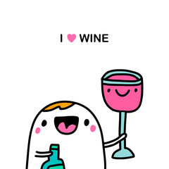 I love wine hand drawn vector illustration in cartoon comic style man holding bottle and glass