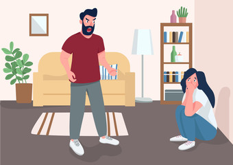 Family abuse flat color vector illustration. Panicking wife and angry husband 2D cartoon characters with living room on background. Domestic violence problem, abusive relationship, physical harassment