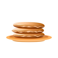 Pancakes stack on beige plate realistic vector illustration. Served dessert, traditional American and canadian breakfast. Fried flapjacks, delicious meal 3d isolated object on white background