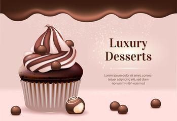 Luxury desserts realistic vector product ads banner template. Chocolate cupcake and candies 3d mock up design. Cocoa pastry advertisement horizontal printable flyer, brochure with text space