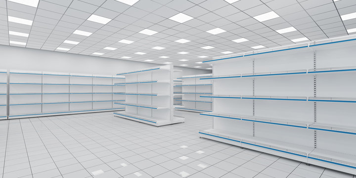 Store interior with empty shelves. 3d illustration