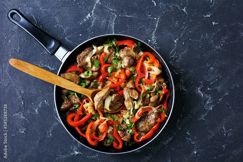 Poster diet dish chicken liver with red sweet pepper