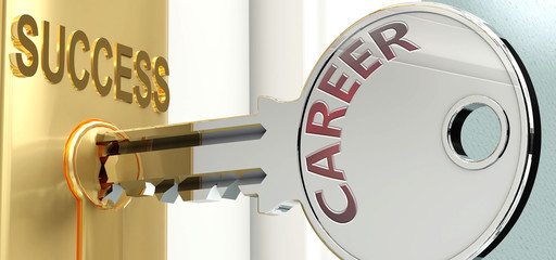 Career and success - pictured as word Career on a key, to symbolize that Career helps achieving success and prosperity in life and business, 3d illustration