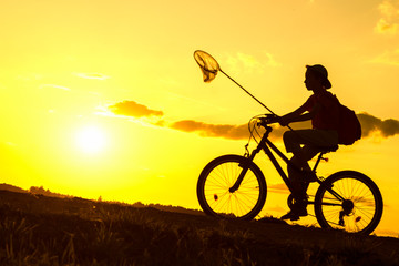 Boy returning from a trip in the eveningwith butterfly net and rucksack, silhouette of child riding bicycle in nature 