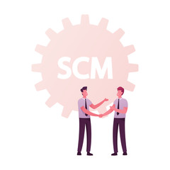 Scm, Supply Chain Management and Business Strategy Concept. Businesspeople Male Characters Shaking Hands at Huge Cogwheel Making Deal of Goods Shipping Logistics. Cartoon People Vector Illustration