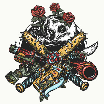 Skulls, roses, baseball bats with spikes. Post apocalyptic weapons, gas mask, geiger counter. T-shirt design. Symbol of survival, doomsday, nuclear war, end of the world. Post apocalypse concept
