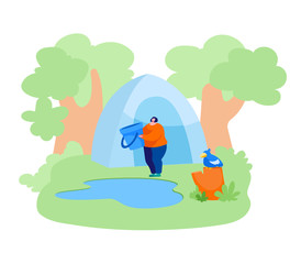 Woman Stand with Bucket near Forest Pond Going to Scoop Up Water for Cooking and Drinking. Relaxing on Nature, Weekend Leisure, Resting Outdoors. Character Camping Hobby. Cartoon Vector Illustration