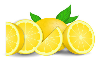 Realistic Fresh lemons with leaves isolated on white