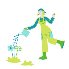 Horticulture, Olericulture Hobby Concept. Happy Girl Gardening at House yard or in Greenhouse Watering Plants from Can. Homework Woman Character Caring of Flowers and Herbs. Linear Vector Illustration