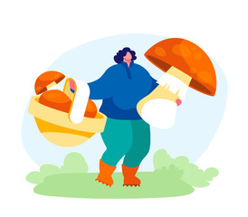 Obraz na płótnie Canvas Young Woman Having Camping Rest on Nature, Outdoor Activity. Girl Picking Up Mushrooms to Basket in Forest Relaxing in Countryside. Female Character Outdoor Leisure, Hobby. Cartoon Vector Illustration