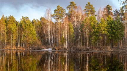 spring landscape of a lake with a forest on the shore, Russia, Ural, may