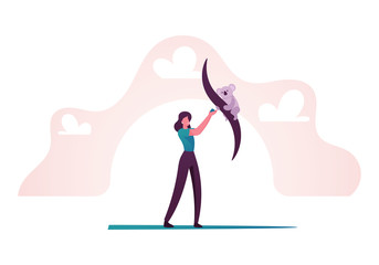 Female Character Eco Activist or Volunteer Feeding Koala on Tree Branch. Woman Care of Nature, Biodiversity Ecological Concept. International Earth Day, Planet Saving. Cartoon Vector Illustration