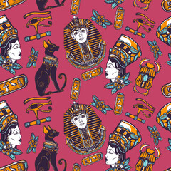 Ancient Egypt colorful seamless pattern. Pharaoh, black cats, Egyptian queen, sacred scarab. Old history background
