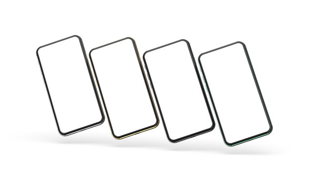Set of smartphones in different colors with blank screen, isolated on white background. Template, mockup.	