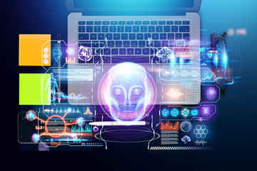 Fototapeta premium Top view of businessman workplace with laptop and hologram with data, artificial intelligence, high technology, business future. Mixed media.
