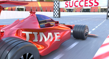 Fototapeta premium Time and success - pictured as word Time and a f1 car, to symbolize that Time can help achieving success and prosperity in life and business, 3d illustration